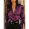 women's Satin Surplice V Neck Elegant Blouse Long Sleeve Shirt Casual Top