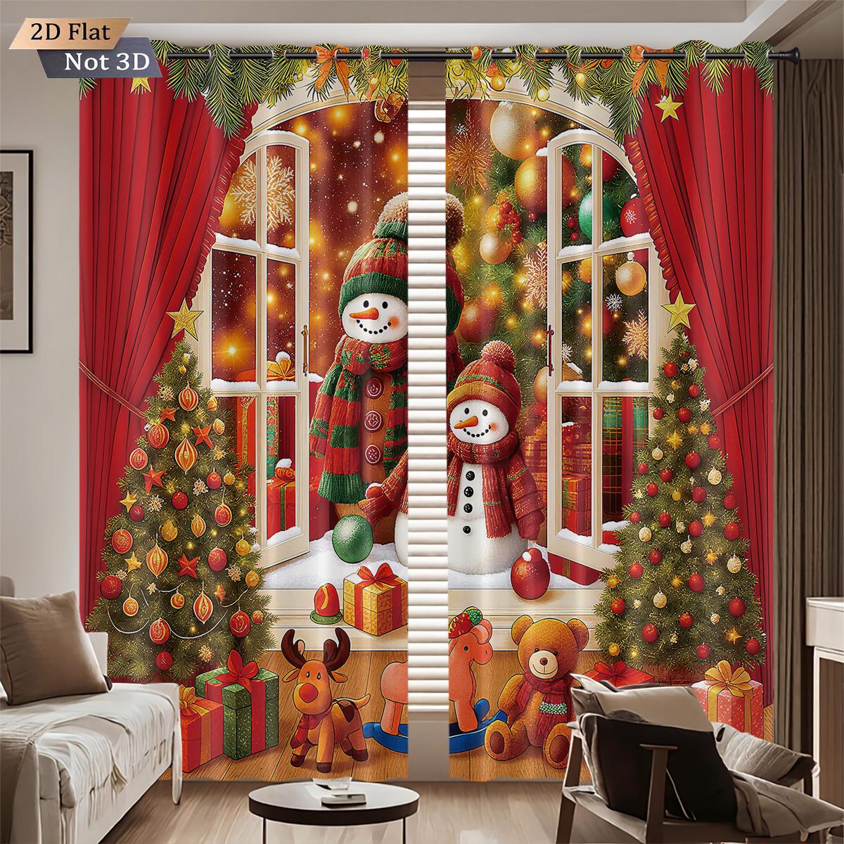 

2Pcs Merry Christmas Snowman Print Blackout Curtains In Multiple Sizes Living Room Insulation Holiday Decoration Easy To Install 140x160&Grommet Top