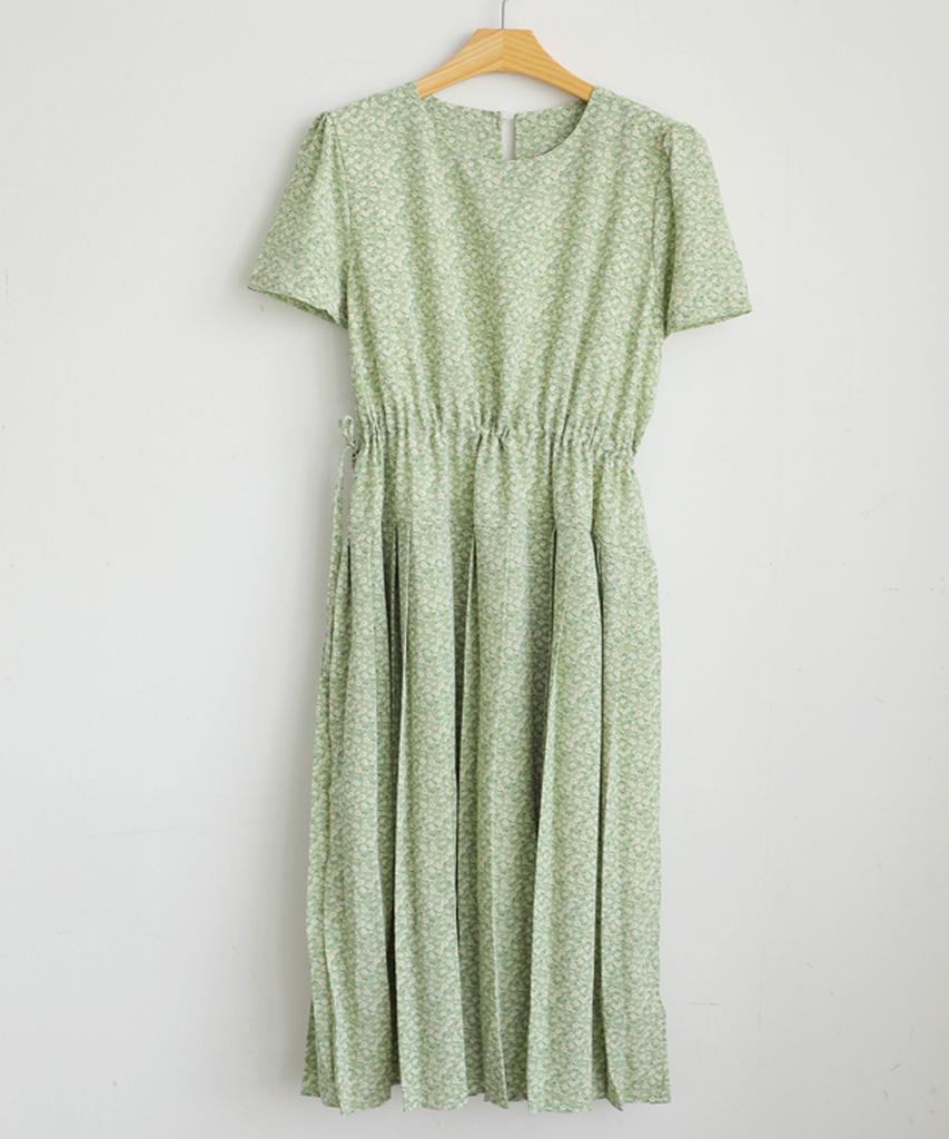 Ppaeppae Round Neck Floral Elastic Waist Pleated Short Sleeve Long Dress