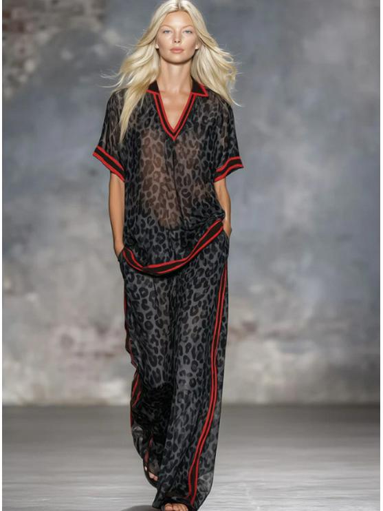 Leopard Print Chiffon Short-Sleeve Top & Pants Set - Fashion Casual (2026) Medium чёрный