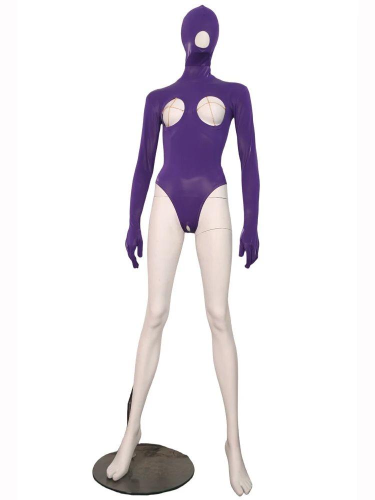 Xs-4Xl Unisex Pu Leather Hooded Separate Fingers Catsuit Hollow Out Bust Open Crotch Bodysuit Tights Sexy Body Teddies Leotard