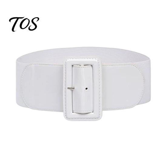 Adjustable Buckle Belt Size Women Belt, Wide Elastic Waistband Faux Leather Flexible Stretch with Square Buckle, Stretchy Dress Fashion Accessory