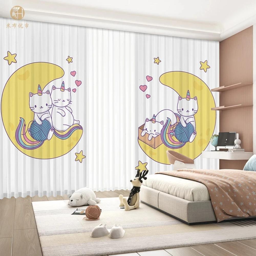 Neue hohe Verdunkelungsvorhänge für Kinderzimmer, Schattierungsvorhänge, Cartoon-Katze, Mädchenzimmer, Schlafzimmer, Arbeitszimmer, Dekoration, Verdunkelung, 2 Stück