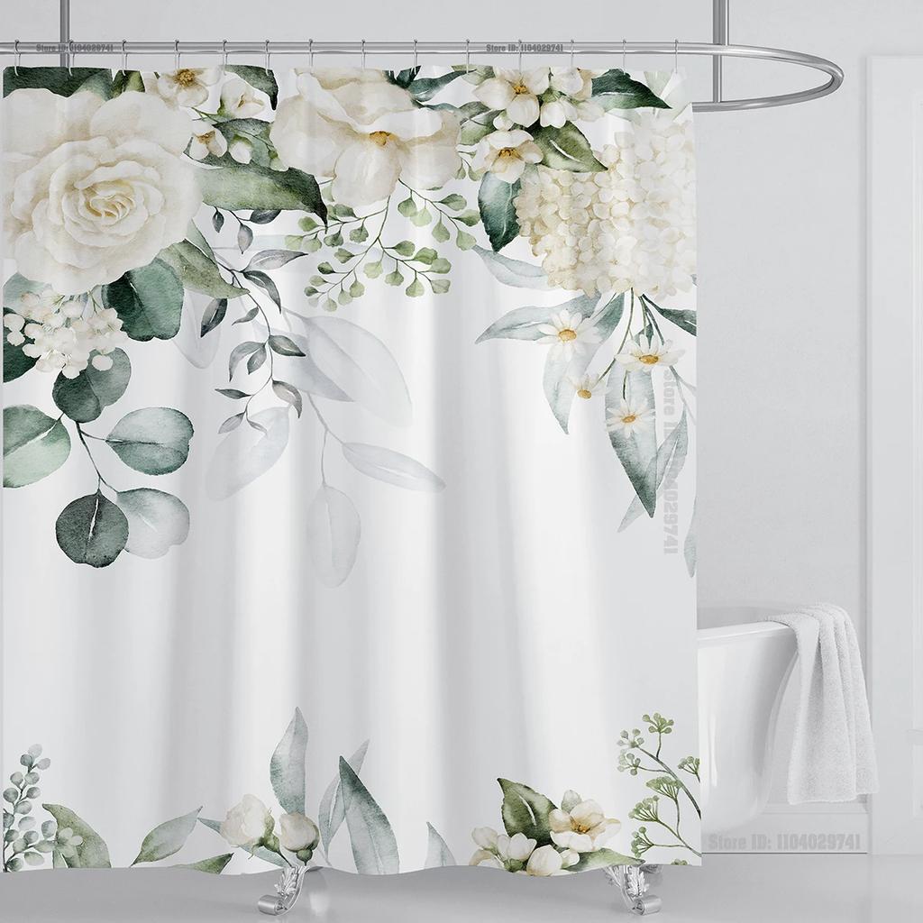 Watercolor Leaves On The Top Plant With Floral Bathroom Greenery Leaf Decoration Watercolor Botanical Shower Curtain With Hooks