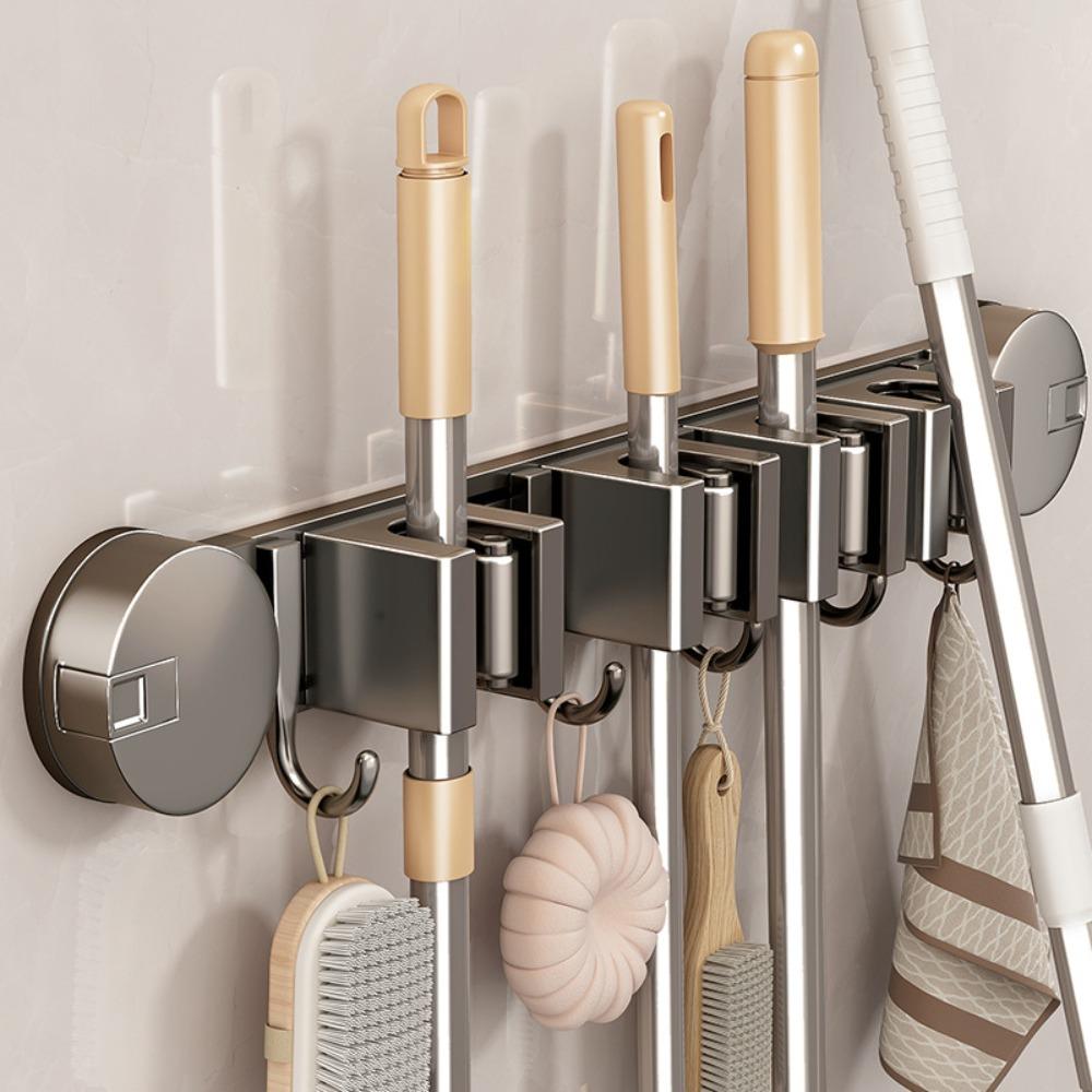 Wall Mounted Organizer Mop and Broom Storage Tool Rack Toilet Suction Cup Mop Wall Clamp Bathroom Non Punching