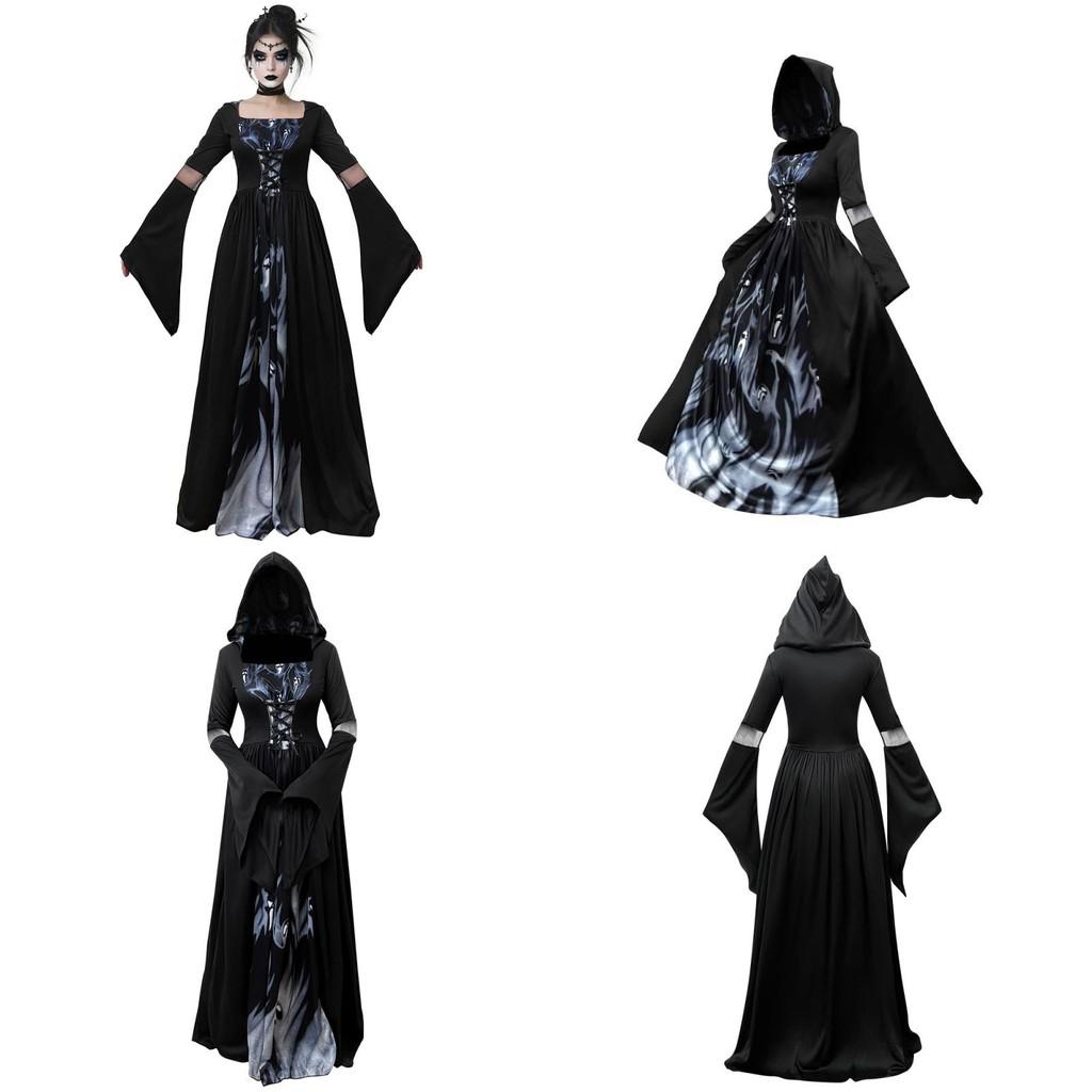 Halloween Hexenkleid Mit Kapuze Cosplay Kostüm Für Damen Aus Polyesterstoff Für Bühnenauftritte