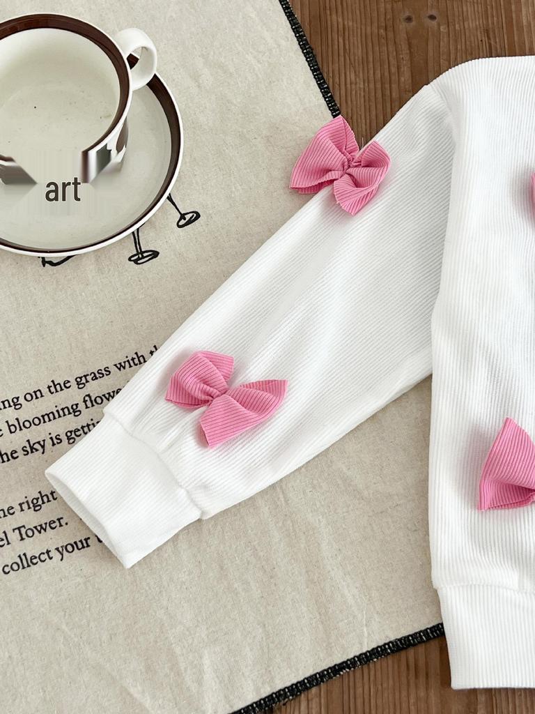 Spring & Autumn Girls' Two-Piece Outfit: Bow Long Sleeve Top + Bell Bottom Pants