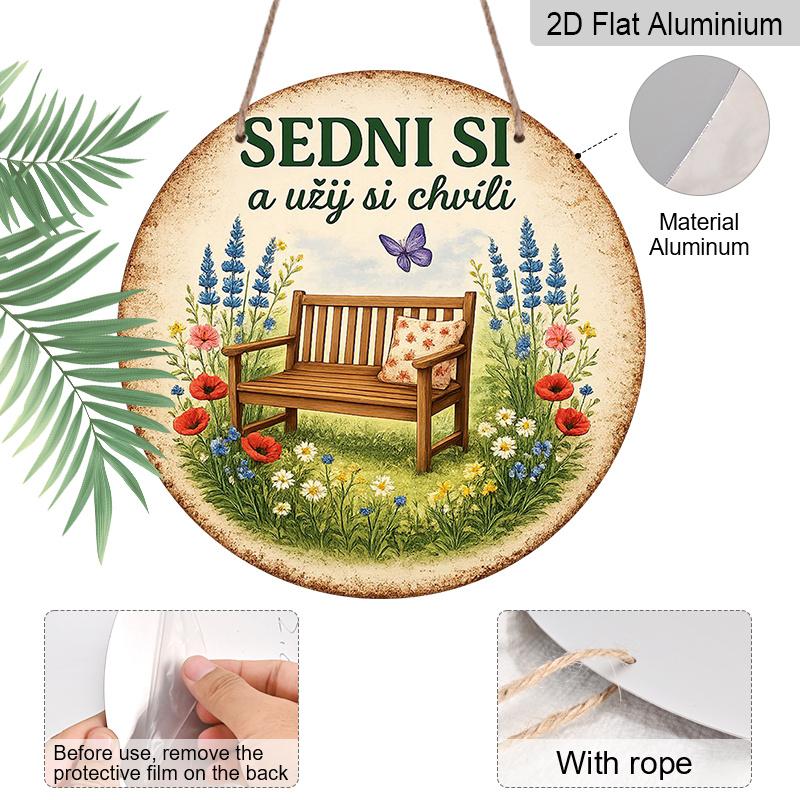 2D Flat - 1pc Round Aluminum Metal Sign, Vintage Plaque About "Sit Down And Enjoy The Moment", "Garden Bench Butterfly Flowers" Decorative Sign