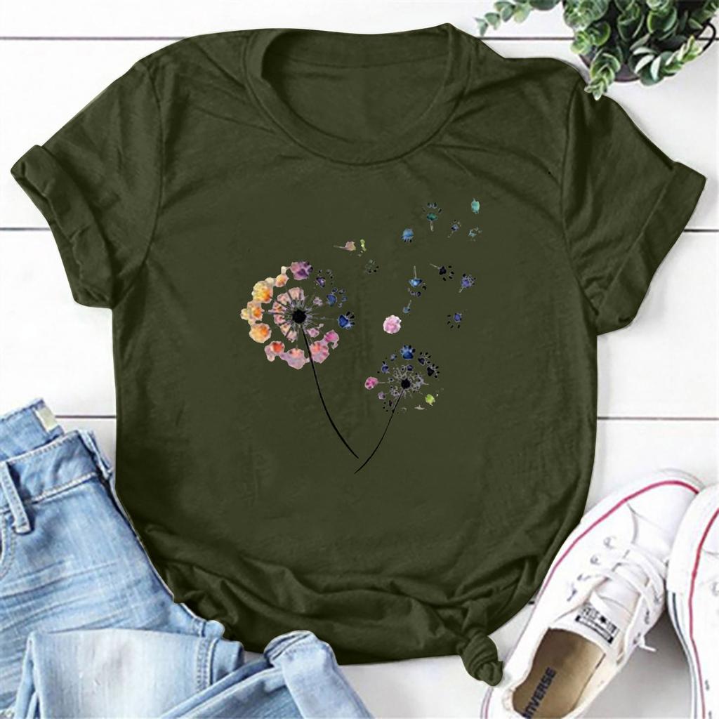 Women Fashion Flower Printing O-Neck Short T-Shirt Loose Blouse Top Shirt