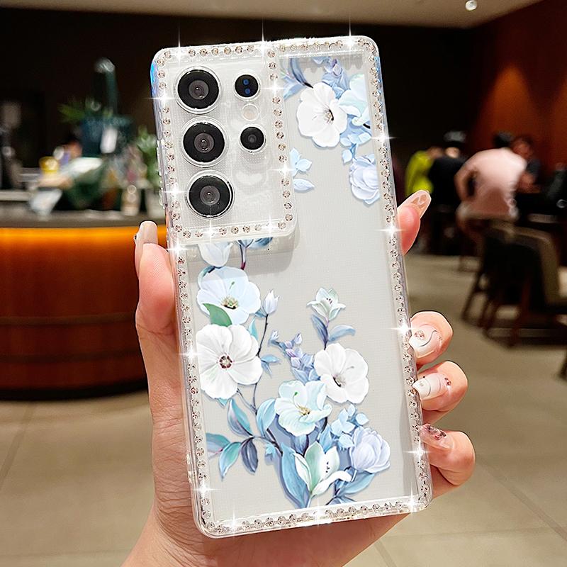 Ladybug Flowers Print Phone Case For Samsung Galaxy A55 A56 A54 A36 A15 A26 A16 S25 Edge S24 S22 Ultra S23 FE Diamond TPU Cover
