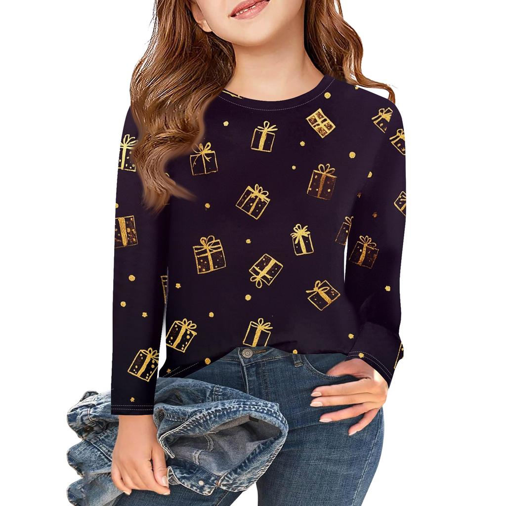Christmas Day Girls Long Sleeve T Shirts Kids Fall Tops Crewneck Printed Basic Tees