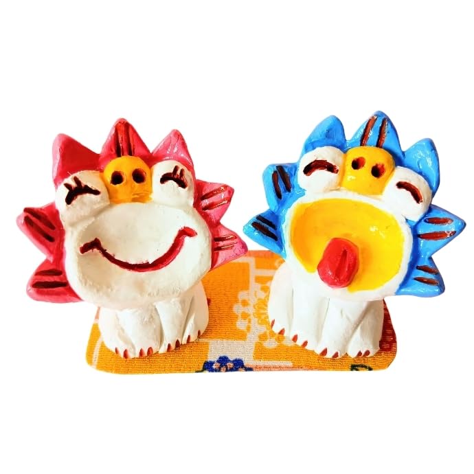 Okinawa Souvenir Lucky Charm Smiling Shisa Figurine Pair Mini Indoor Use Handmade - - - - - - (Blue & Pink)