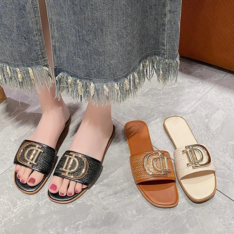 Women Luxury Decor Weave Design Flat Sandals Fashion Open-toe Vacation Casual Slides Party Elegant Office-Ladies New Slippers