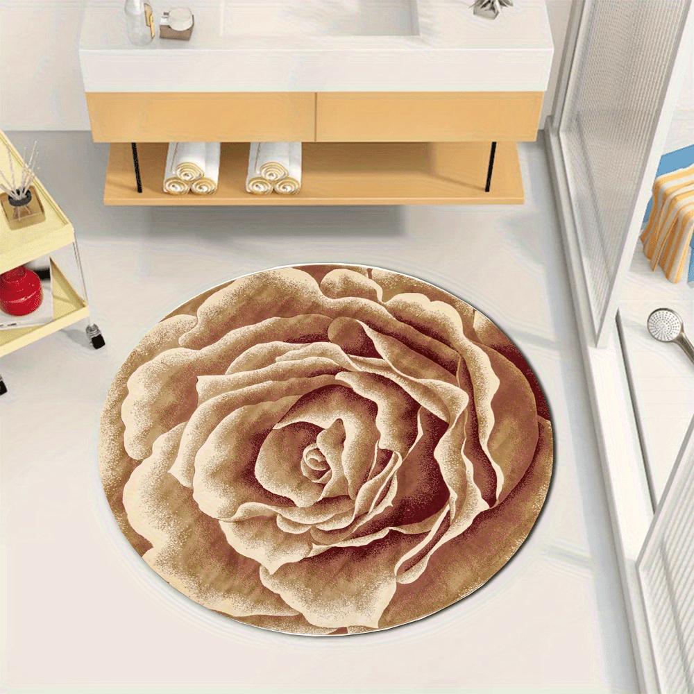 Elegant Rose Floral Round Rug Brown and  Beige Non-Slip Floor Mat Washable 2D Flat Print Area Rug for Living Room Bedroom Decor