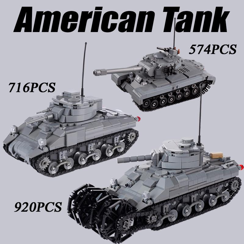WW2 Military US M4 Sherman Tank Building Blocks M26 Pershing Army Soldier Figures Weapon War Scene Model MOC Bricks Boy Toy Gift