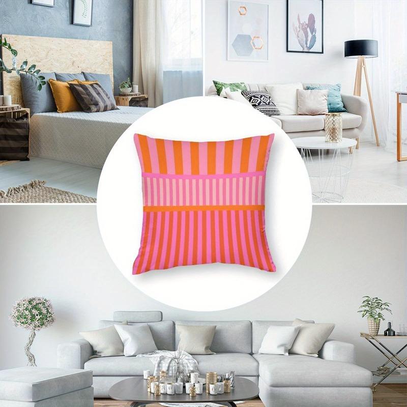 1Pc Pink Orange Striped Pillow Cover, Polyester 2D Double Sided Print Cushion Case, Retro Geometric Color Block Throw Pillowcase