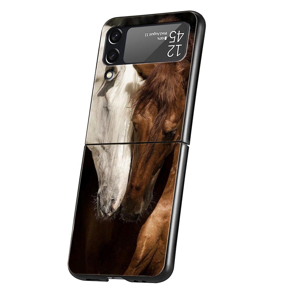 Luxury Phone Case For Samsung Galaxy Z Flip 3 4 5 6 Hard Black Folding PC For Samsung Z Flip3 Flip4 Flip5 Cover Horse Animal
