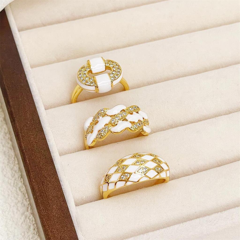 Enamel White Drop Glaze Rhombus Woven Opening Ring Light Luxury High Sense Personalized Stacked Ring