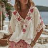 Women Shirt Embroidery Flower Pattern V-neck Dropped Shoulder Short Sleeve Shirt Tops A-Line Loose Fit Soft Summer Tops