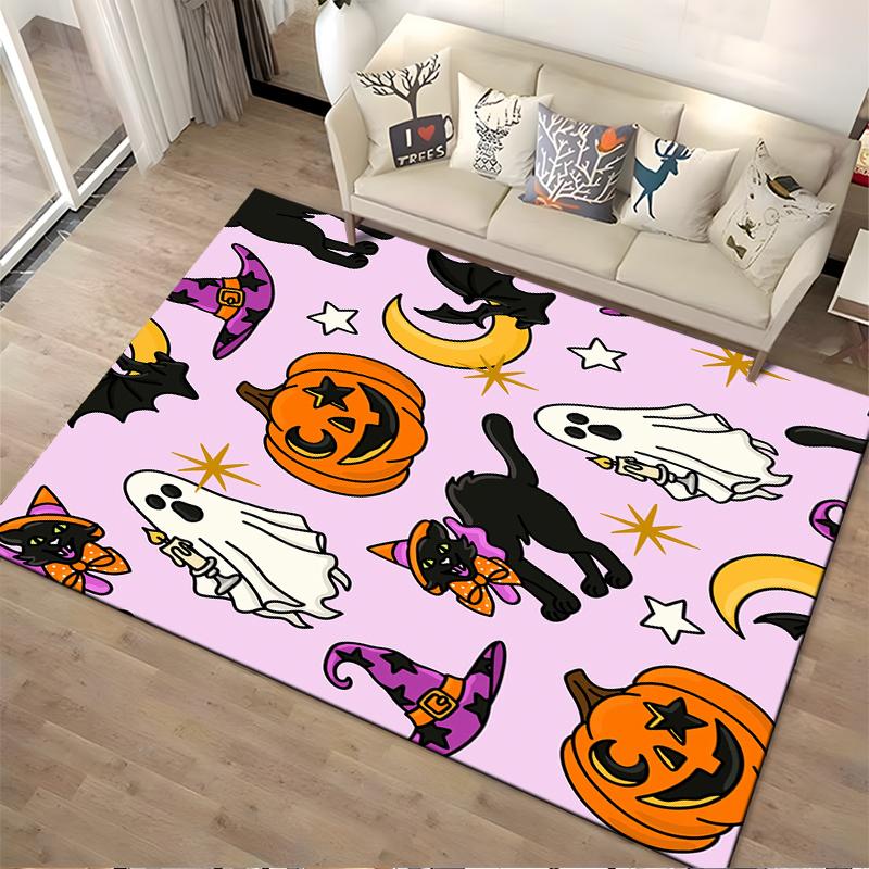 Halloween Theme: Cats, Ghosts, Pumpkins Non-slip Rug Suitable for Living Room and Bedroom Sofas.