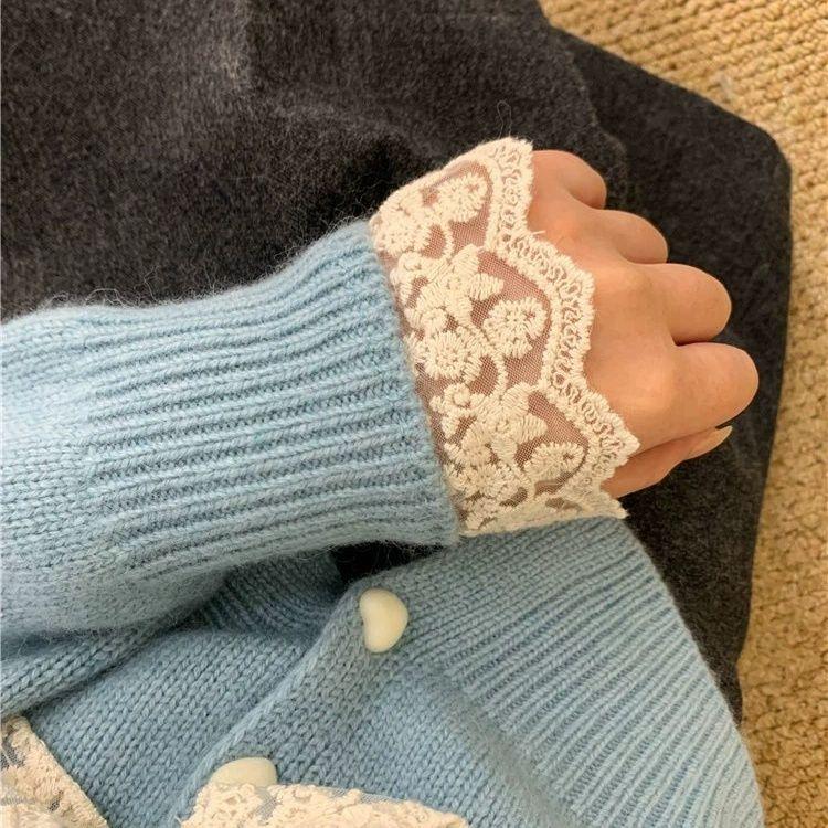 Lace and Pearl Cardigan Women's Bow Knitted Cardigan Loose Sweater for Autumn and Winter Long-sleeved Top Coat