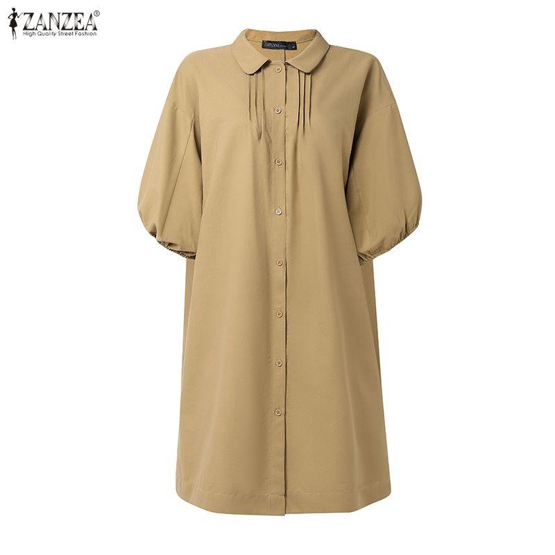 ZANZEA Women Casual Turn Down Collar Summer 3/4 Sleeve Dress