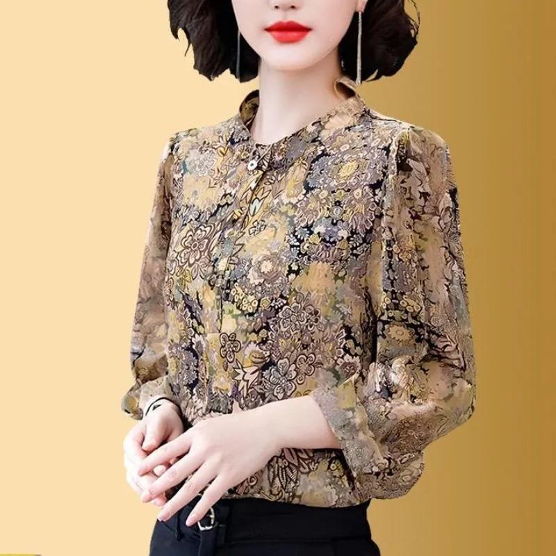 Counter Quality Silk Shirt for Women Spring and Summer Three-quarter Sleeve Fashionable Printed Shirt Loose Mulberry Silk Top