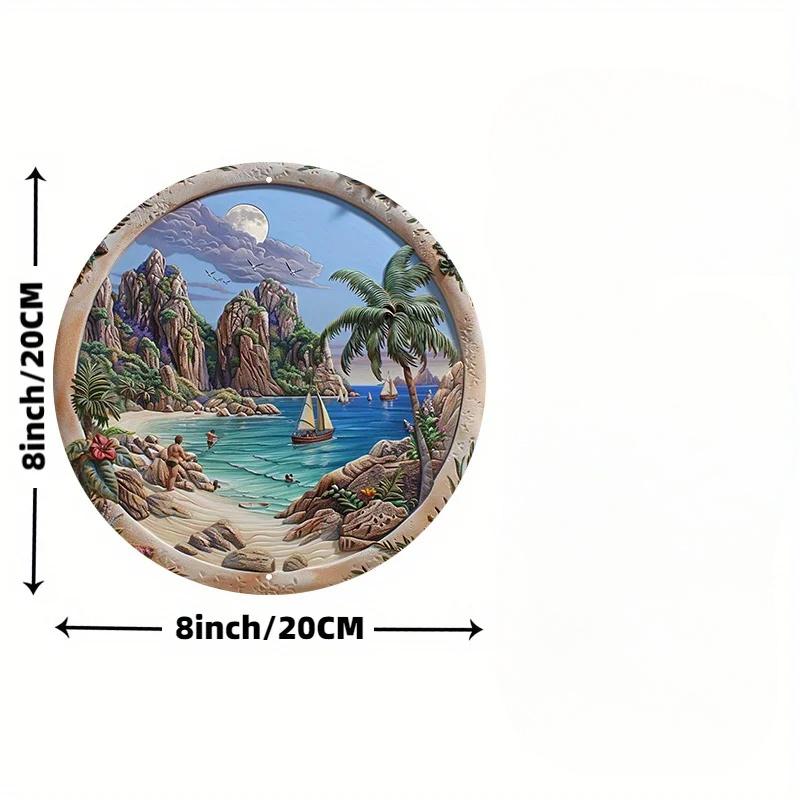 Tropisk Strandscen Träskyltset, Trä Väggkonst, Dörrhängare, Runda Dekorativa Kransskyltar, Palmträd och Båtar