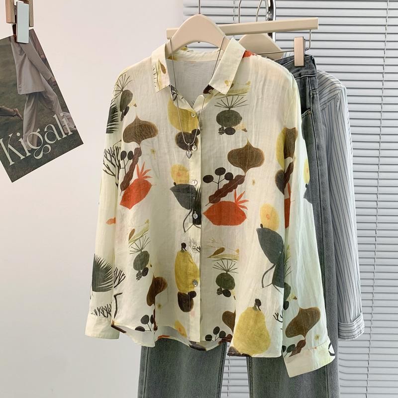 Spring Autumn Vintage Floral Printing Long Sleeve Shirt Women Polo-neck All-match Cardigan Blouse Female Top