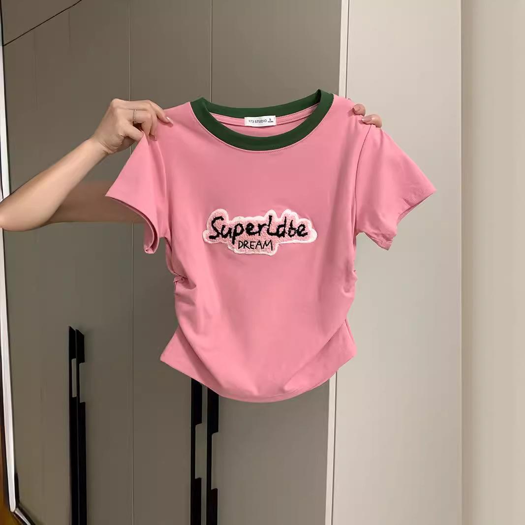 

Korean Style Color Block Embroidered Round Neck Slim Fit Pleated Short Sleeve Women s T-Shirt Large розовый