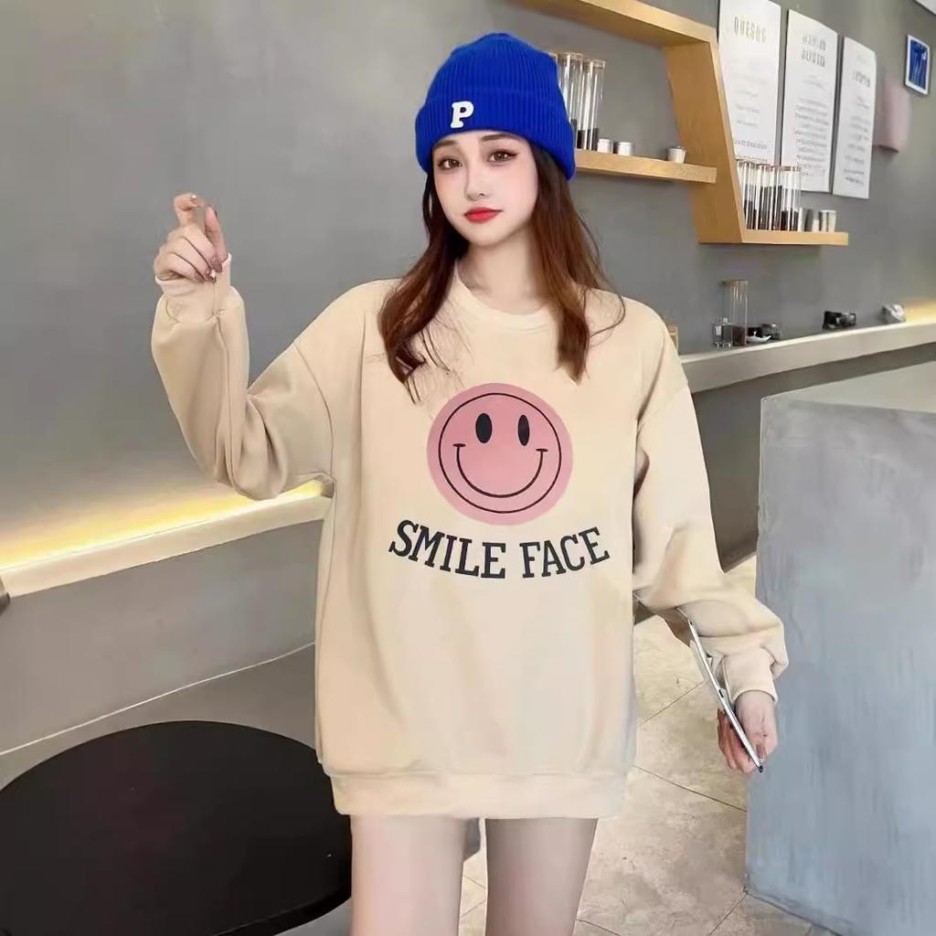 Smiley face print long-sleeved crew neck sweater women's loose casual large size simple and cute age-reducing women's