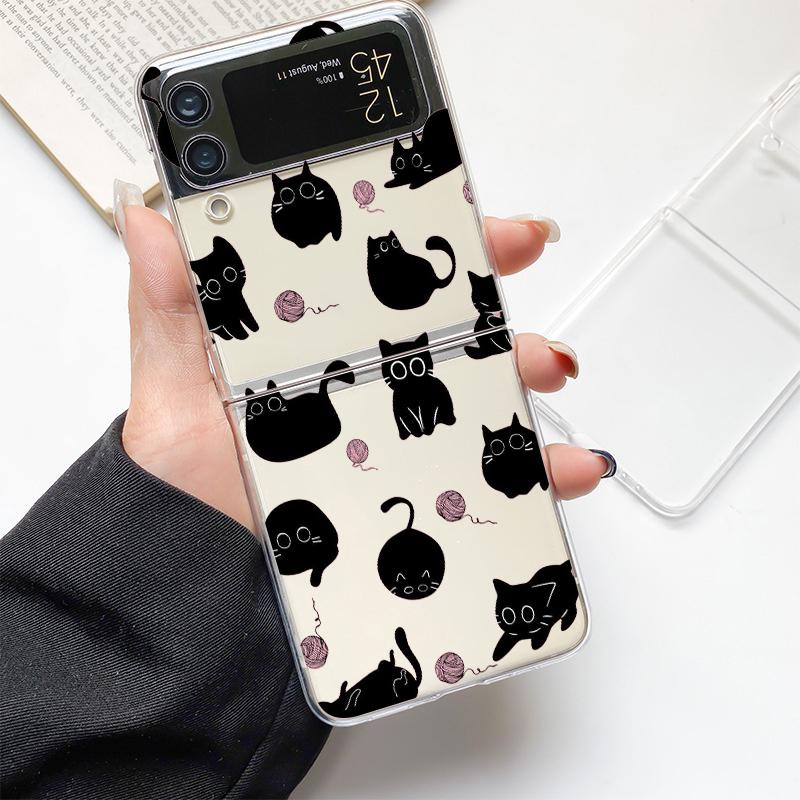 Funny Black Cat Fashion Phone Case For Samsung Galaxy Z Flip 3 4 5 6 7 Hard Folding Z Flip4 Clear PC Cover Protector Gift