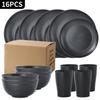 Black Wheat Straw 16PC Dinnerware Set: Plates, Bowls, Cups, Cutlery