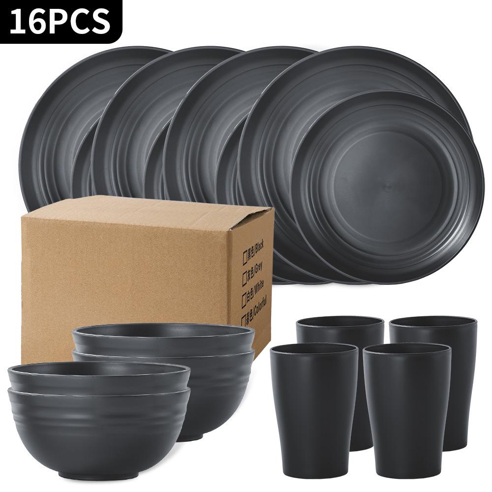 Black Wheat Straw 16PC Dinnerware Set: Plates, Bowls, Cups, Cutlery