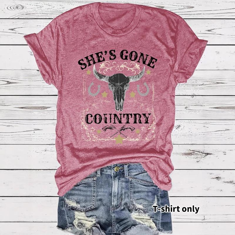 Women's Short Sleeve T-shirt She's Gone Country Bull Skull with Stars Design Western Cowboy Graphic T-Shirt