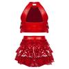 Girls Shiny Dance Set Sleeveless Round Collar Backless Shiny Sequins Tiered Crop Top Elastic Waistband Skirt
