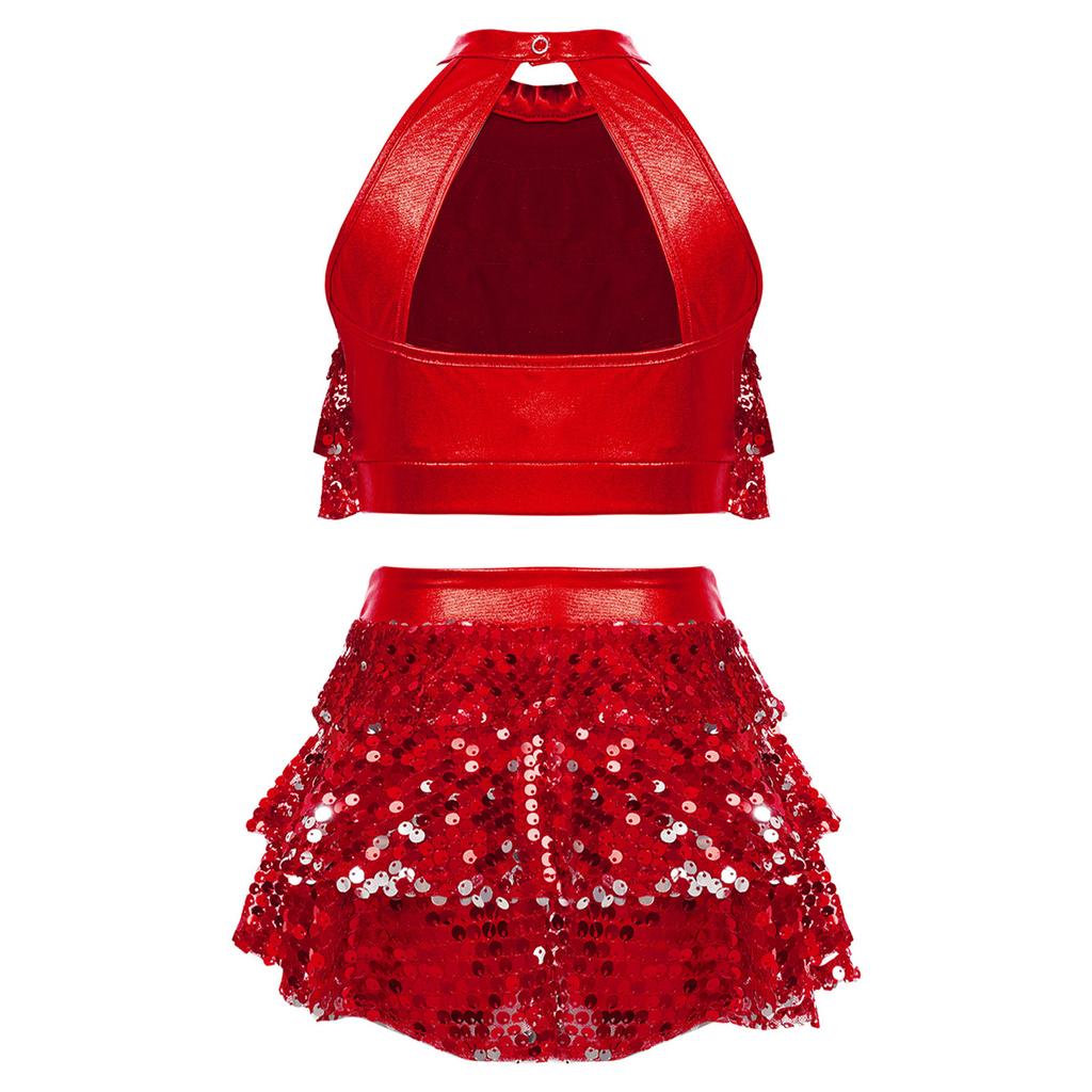 Girls Shiny Dance Set Sleeveless Round Collar Backless Shiny Sequins Tiered Crop Top Elastic Waistband Skirt