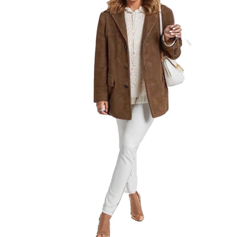 Vintage Brown Loose Fit Women's Long Sleeve Blazer with Pockets