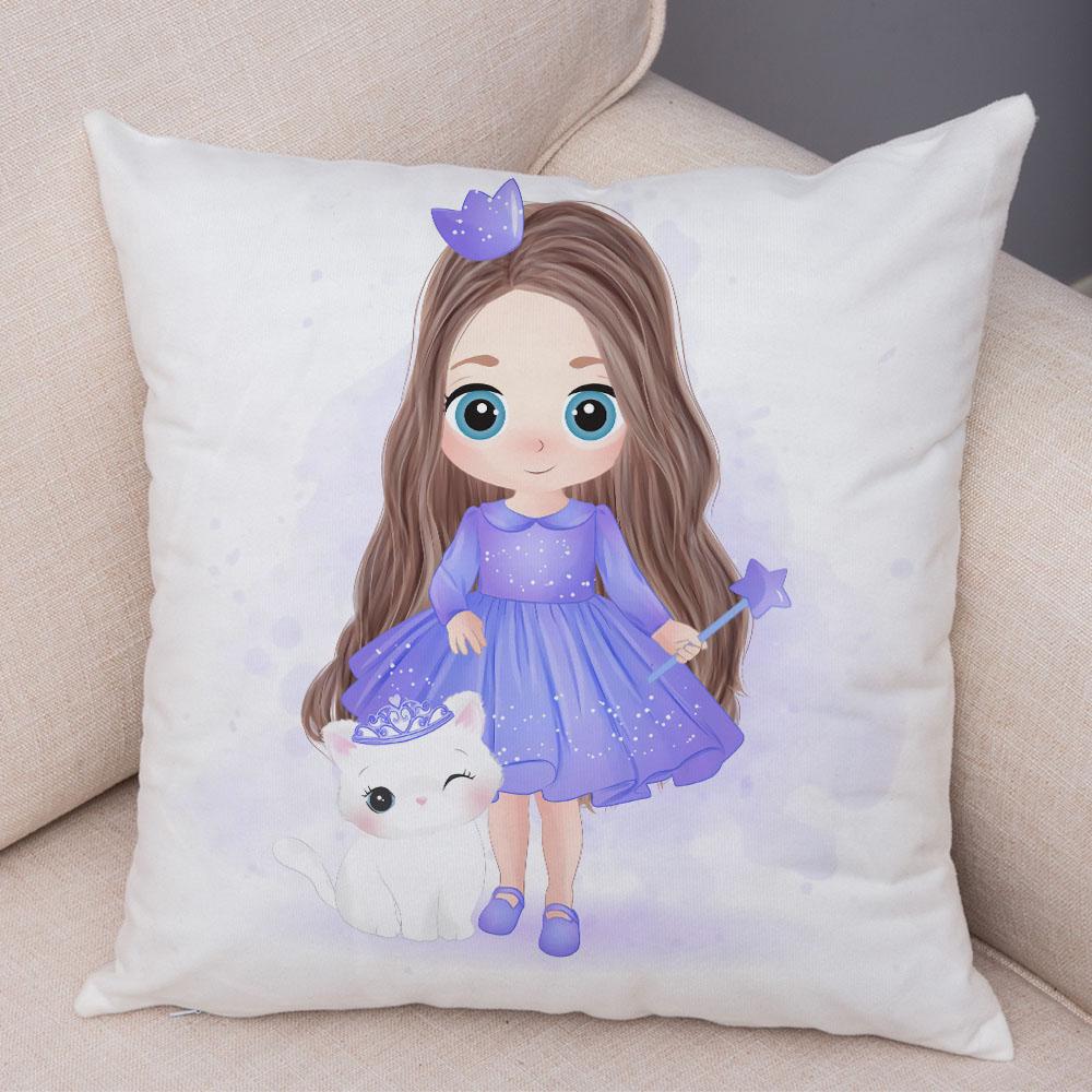 Children's Room Sofa Home Pillowcase Cute Cartoon Girl and Cat Pillowcase Decoration Cute Animal Cushion Cover