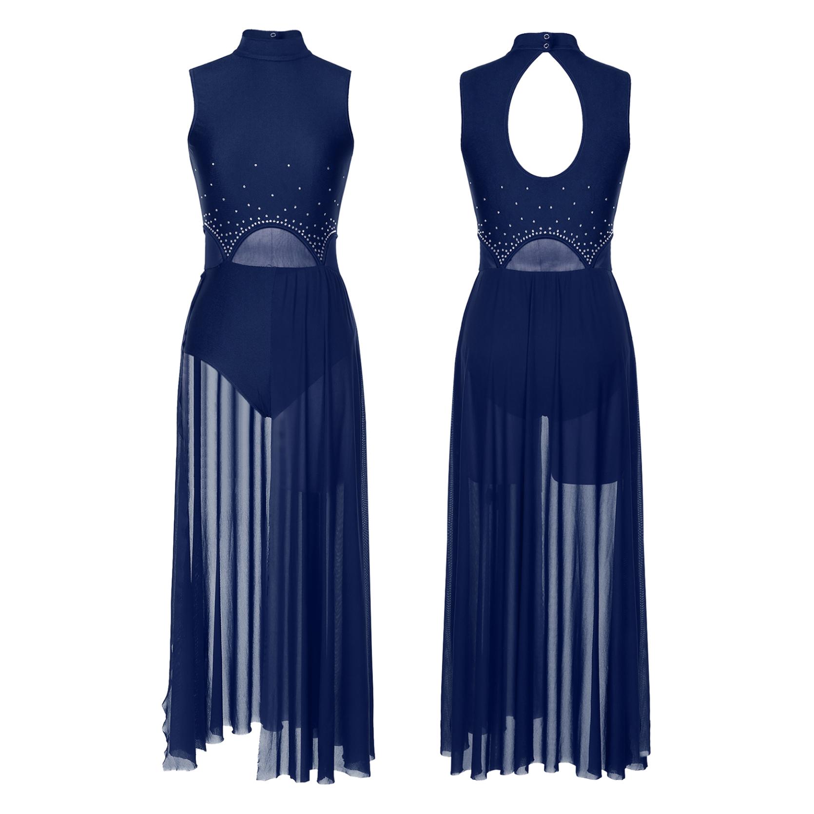 

Женское современное лирическое танцевальное платье, балетное гимнастическое трико без рукавов со стразами и разрезом, прозрачные платья, танцевальная одежда для выступлений на сцене S темно-синий