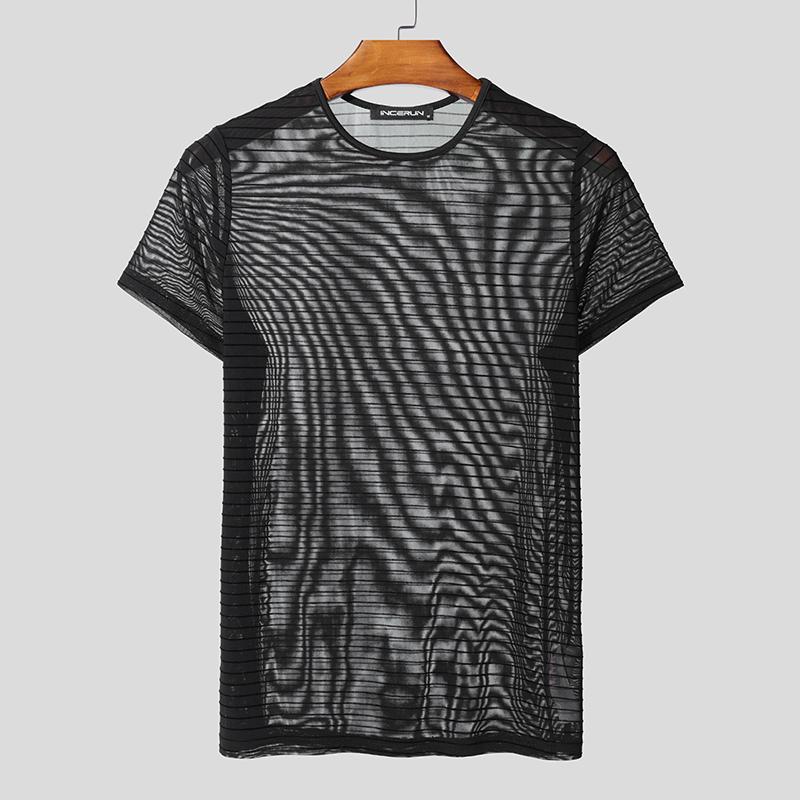 

INCERUN Мужская футболка с коротким рукавом и круглым вырезом, в полоску, сетка, прозрачная 5XL чёрный