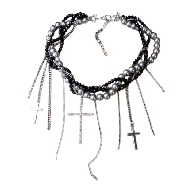 

Trendy Pearls Chain Necklace with Cascading Tassels Crucifix Pendant Neckchain Jewelry Adjustable Length Women Choker