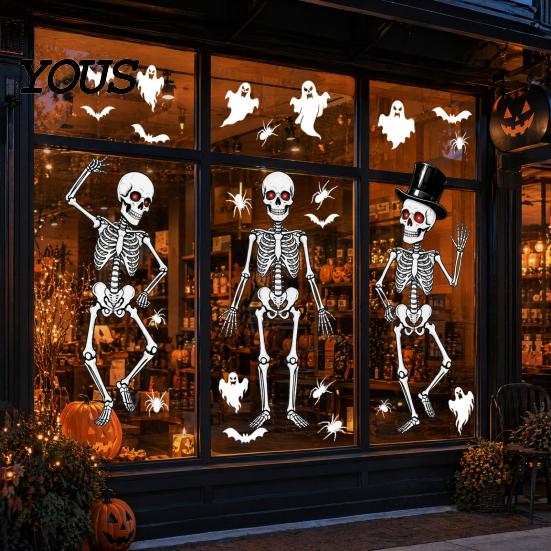 Thick PVC Window Sticker 3Pcs Halloween Skeleton Glass Stickers, Waterproof Clings, Static Decals, Wear-resistant Cling Removable Stickers