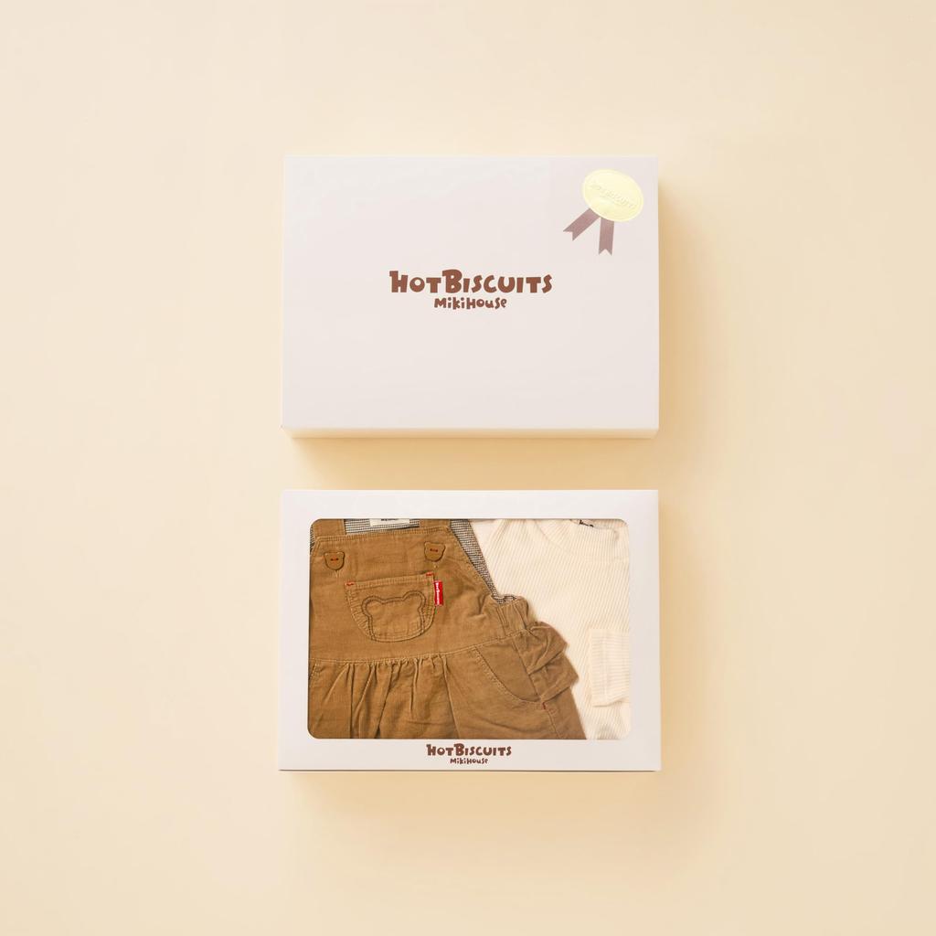 MIKI HOUSE HOT BISCUITS Jumper Skirt Gift Set for Boys and Girls, Baby Clothes, Baby Gift, Beige, 80cm, Box Included, Product Number: 74-9909-686