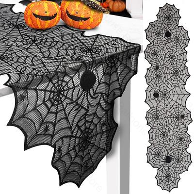 Halloween Table Runner 72/78 Inch Halloween Decorations Black Lace Spider Web Table Runners Halloween Party Dinner Table Decor