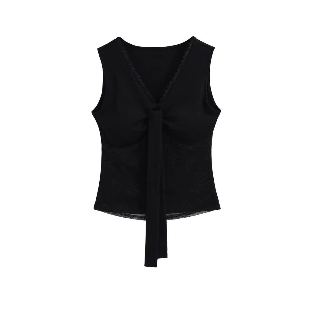 Women's V-Neck Lace Patchwork Tie-Up Cropped Tank Top