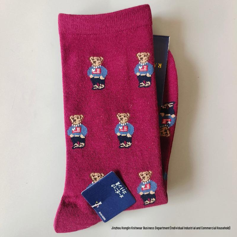 Trendy Little Bear Mid-Calf Women's Cotton Socks for Spring and Autumn