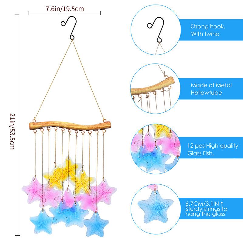 Iron Wind Chimes With Colored Glass For Garden Fish Leaf Design Outdoor Decor Hanging Ornament