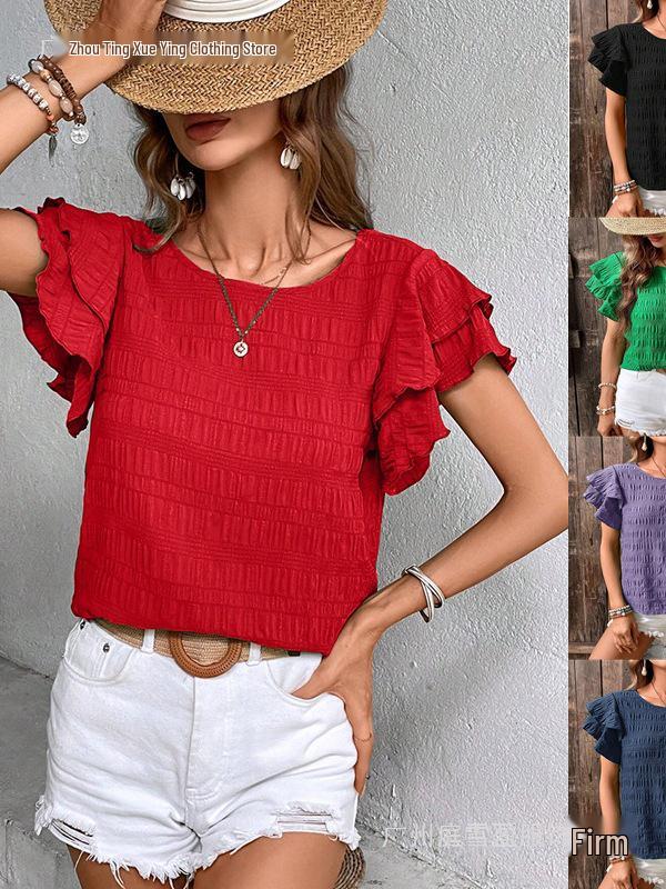 Women's Summer Double-layer Ruffled Sleeve Round Neck Pullover T-shirt