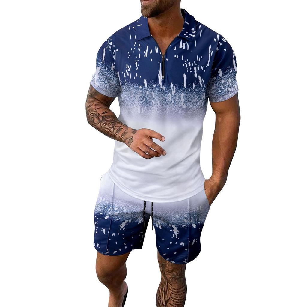 Men's Spring Printed Zipper Lapel Short Sleeve Top Shorts Suit Men's Casual Sports Suit